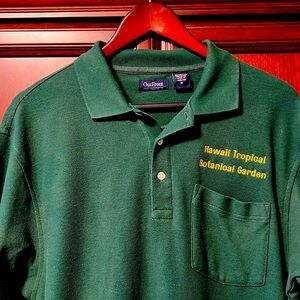 Vintage Hawaii Tropical Botanical Garden Green Polo 100% Cotton with pocket!